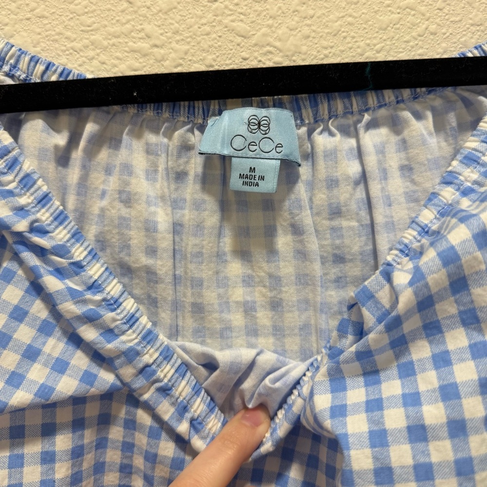 CeCe Light Blue Gingham Ruffle Sleeve Blouse - Picture 3 of 4